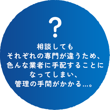 相談してもそれぞれの専門が違うため、色んな業者に手配することに なってしまい、管理の手間がかかる…。